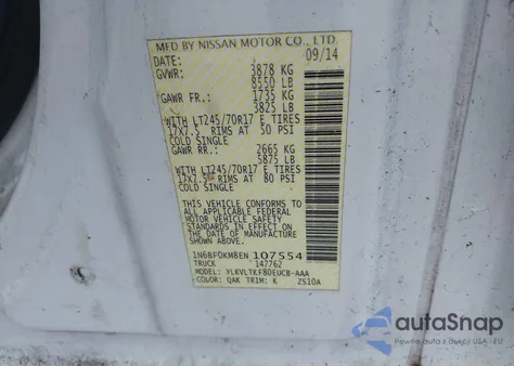 2014 Nissan Nv Cargo Nv1500 Sv V6 z USA, uszkodzony, nr VIN 1N6BF0KM8EN107554